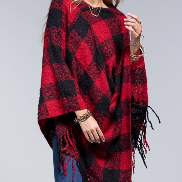 NWT Buffalo Checked Plaid Poncho with Fringe - Picture 2 of 4